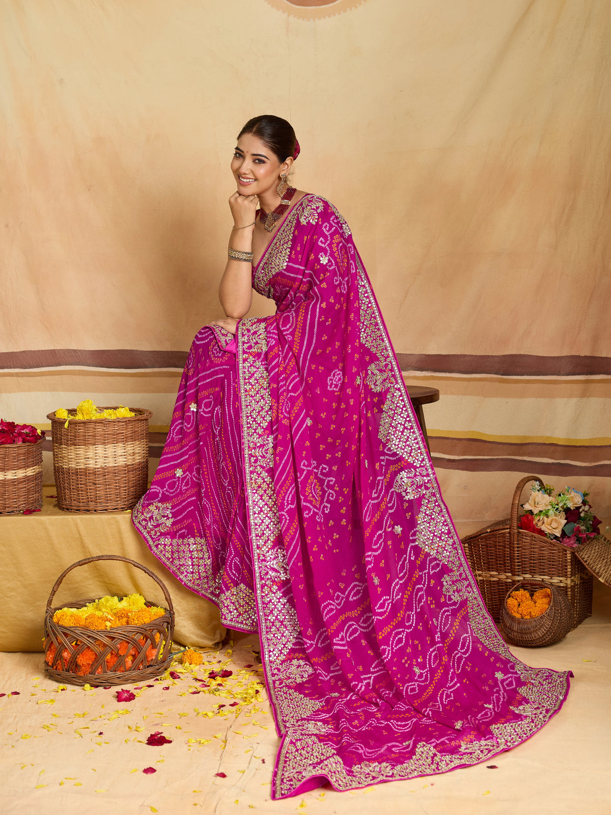 KcPc New Pure Ojariya Bandhani Saree with Gotapatti Work
