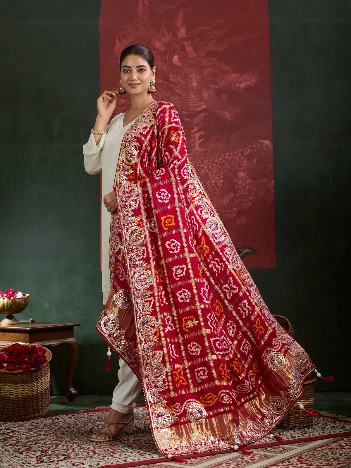 KcPc Designer Pure Gaji Silk Banarasi Bandhej Ghatchola Gotapatti Work DupattaAMT