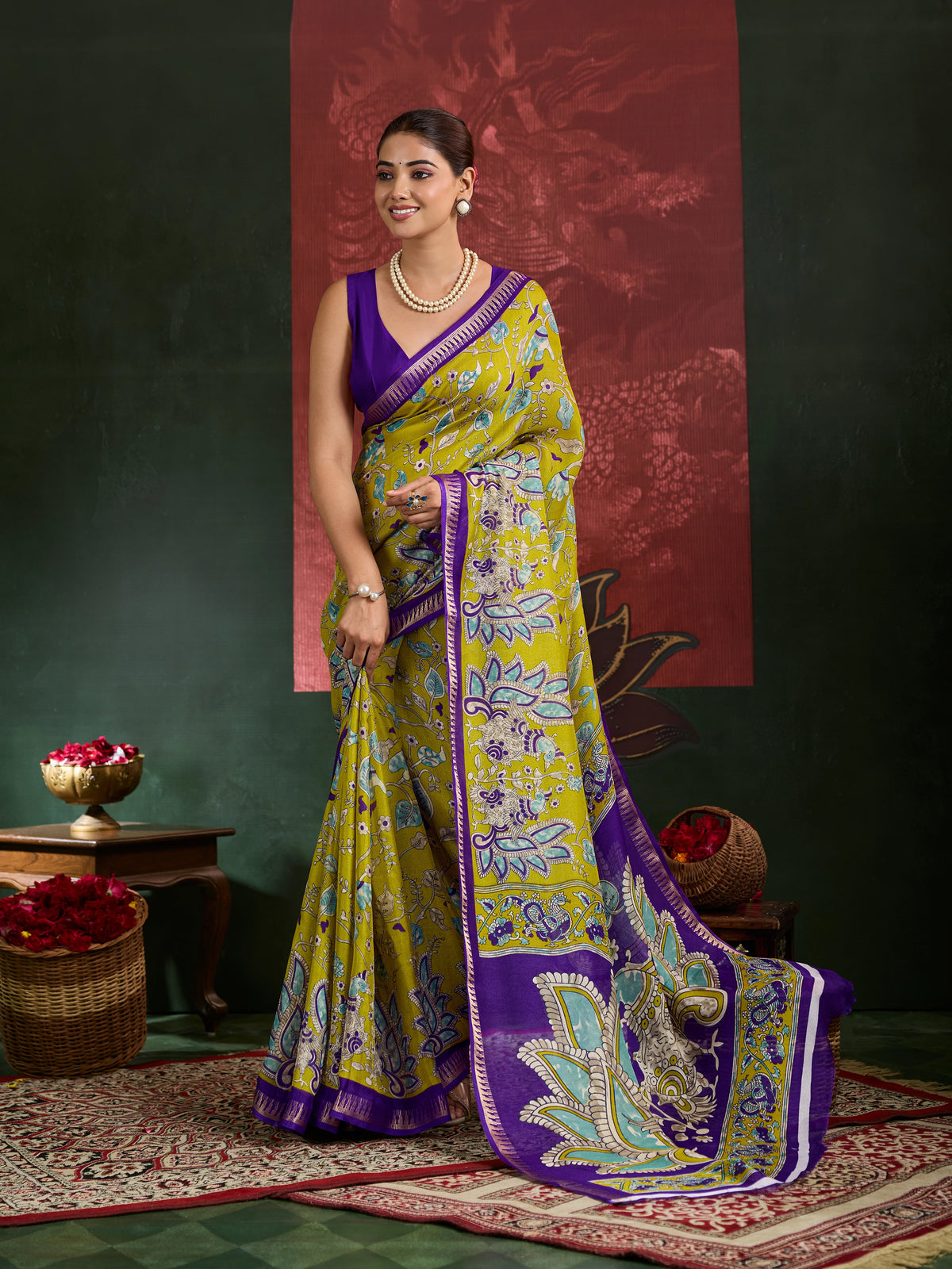 Kcpc Premium Georgette Kalamkari Saree with Zari Border ASH