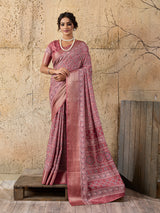 Buy peach and pink ajrakh style cotton silk saree