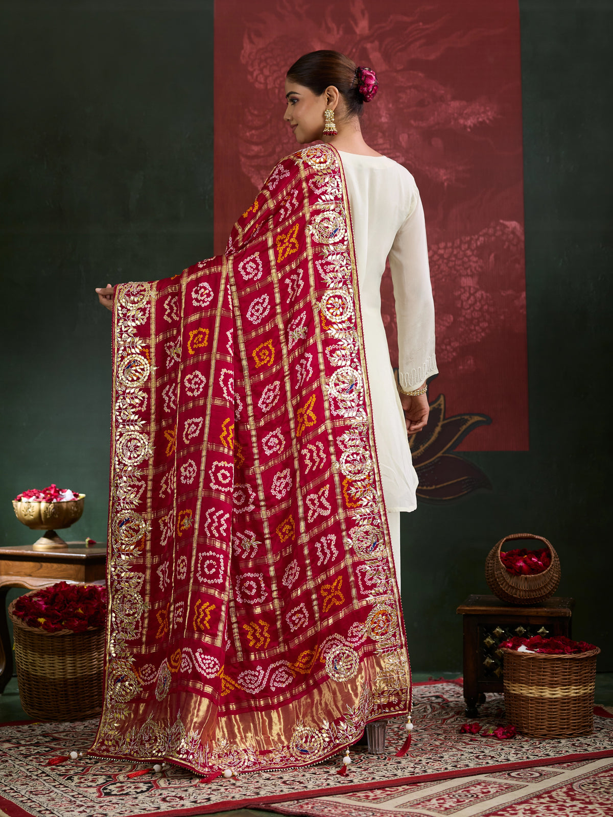 KcPc Designer Pure Gaji Silk Banarasi Bandhej Ghatchola Gotapatti Work DupattaAMT
