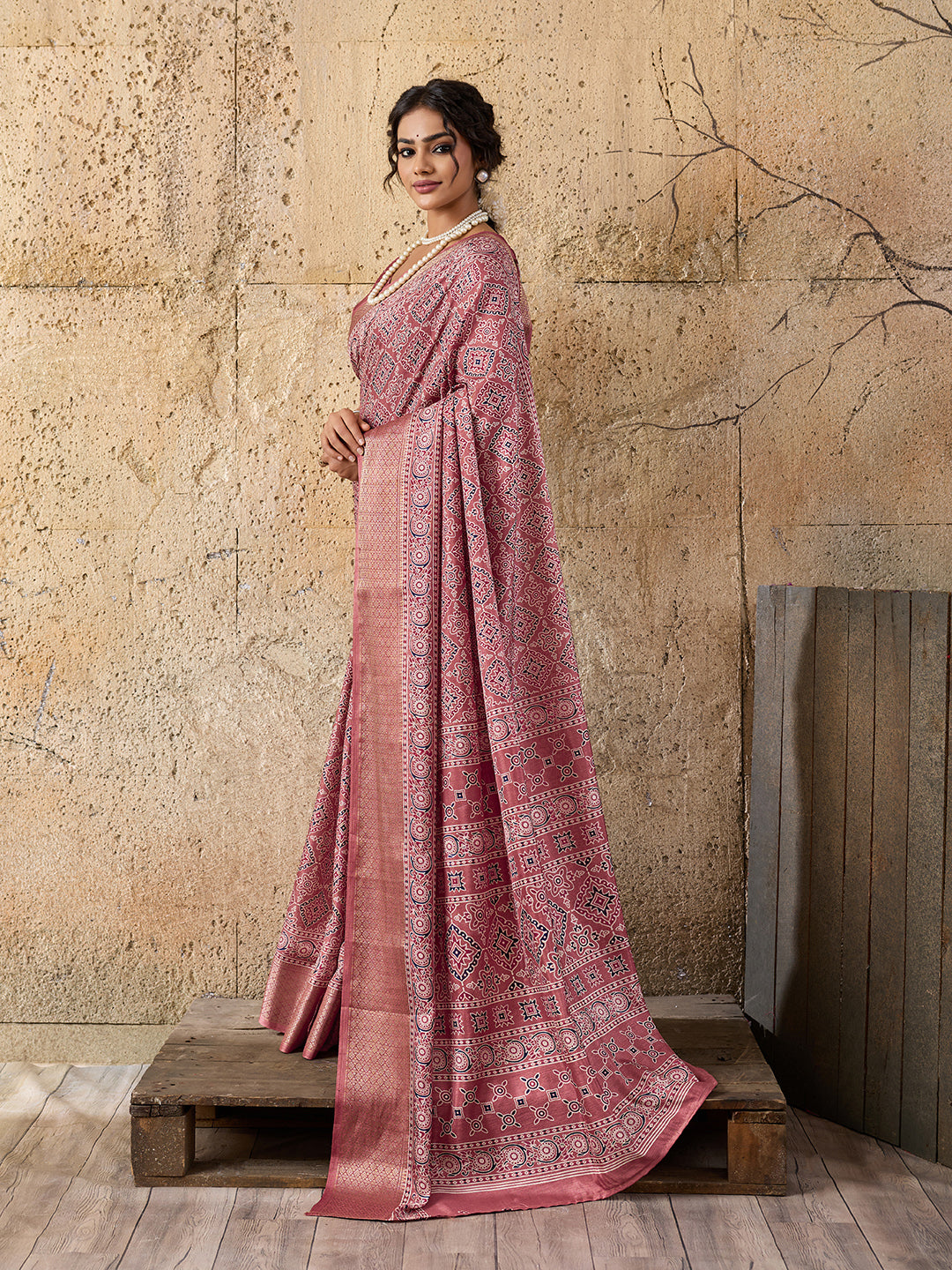 Buy peach and pink ajrakh style cotton silk saree