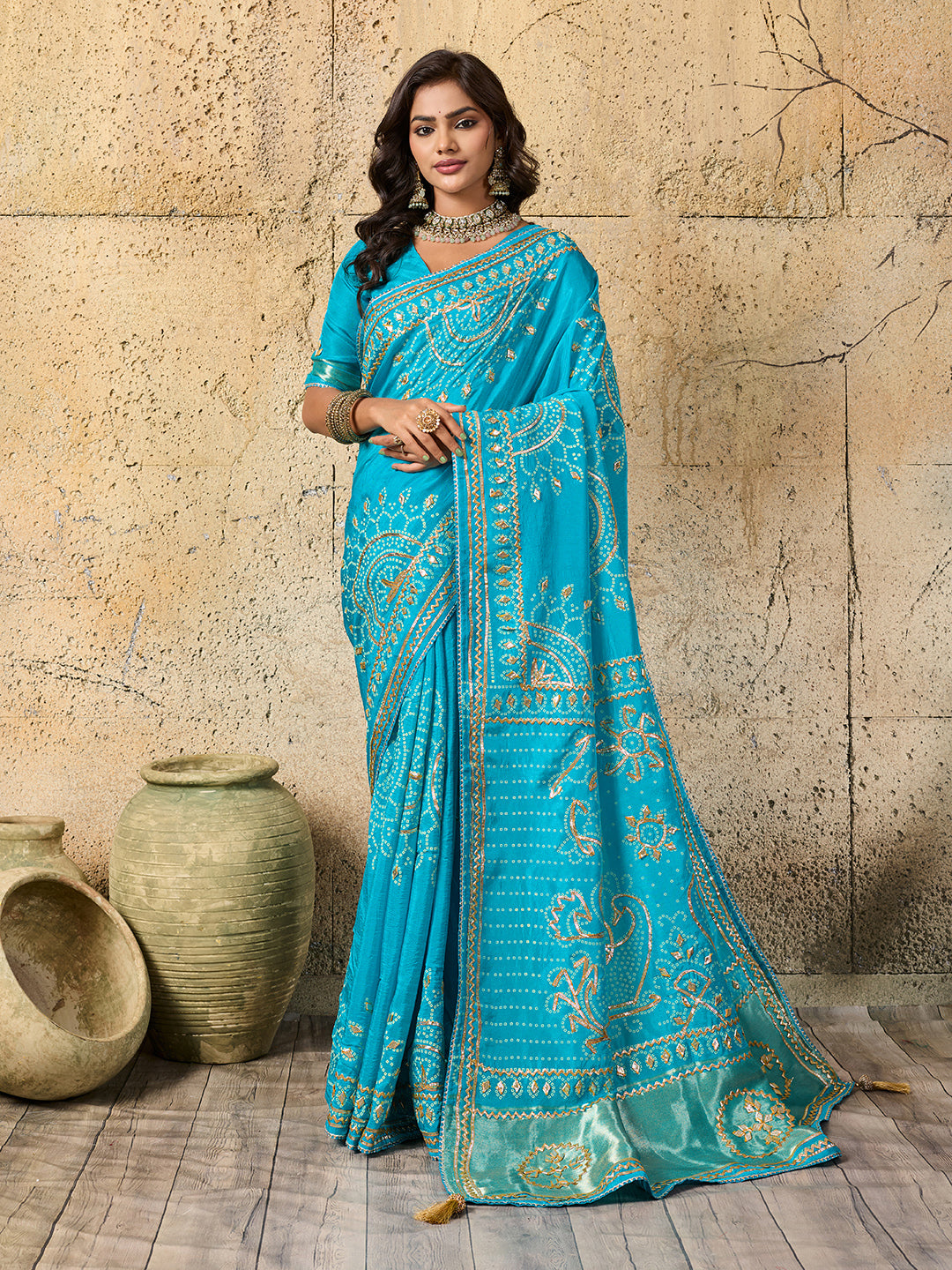 Buy Bandhani with Kachha Gota Patti Glow Modal Silk Saree Kcpc