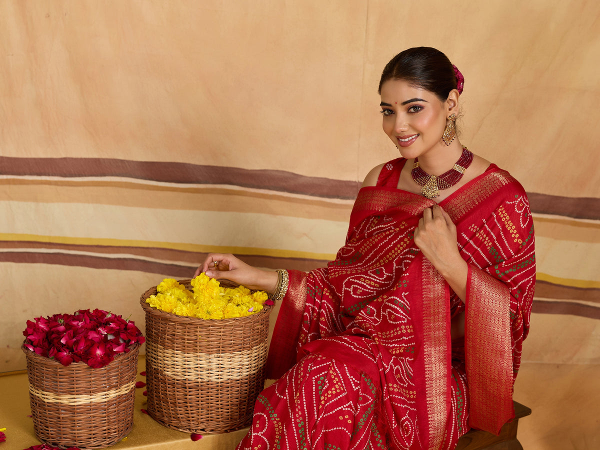 KcPc New Cotton Silk Bandhani Style With Zari Border Work Saree STL