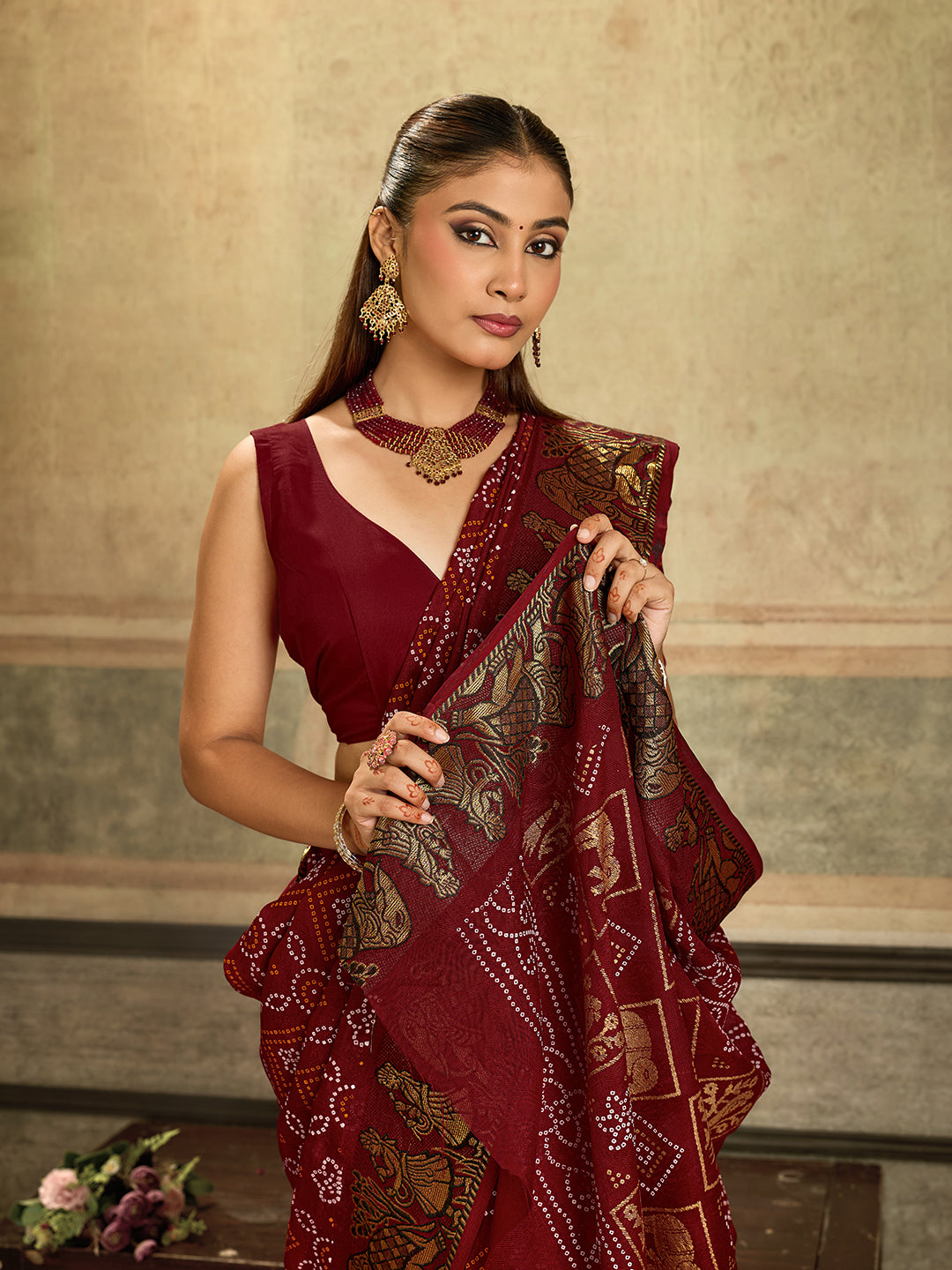 KcPc Special Royal Rajasthani Bandhani Viscose Saree with Elephant MotifsRJB
