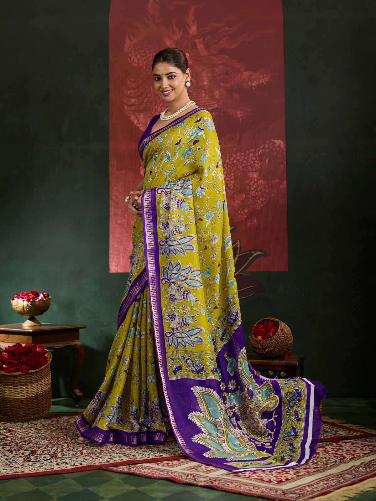 Kcpc Premium Georgette Kalamkari Saree with Zari Border ASH
