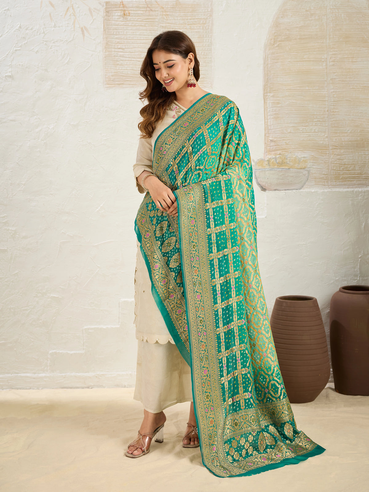 KcPc Pure Khaddi Georgette Meenakari Neemzari Bandhej Dupatta