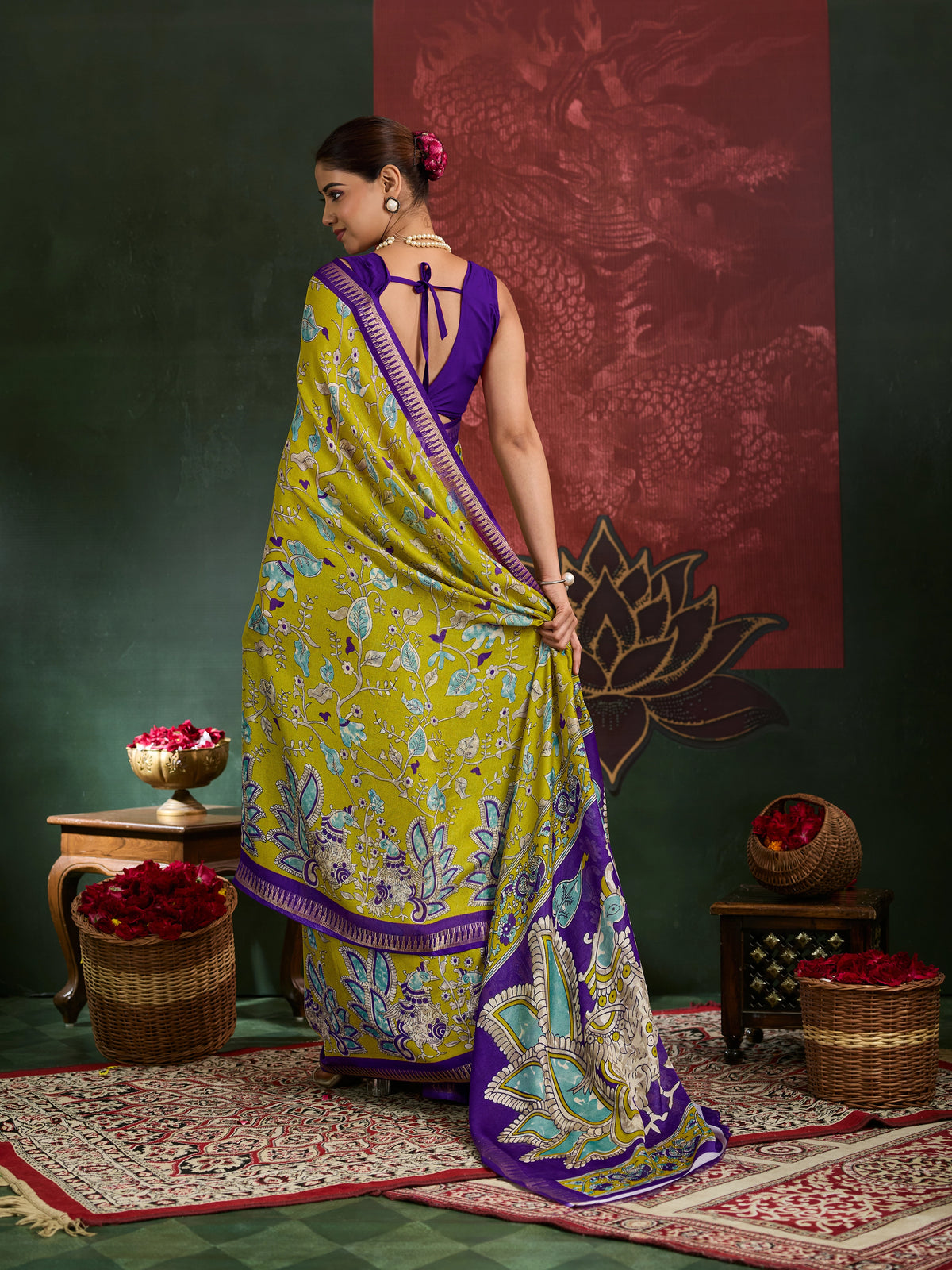Kcpc Premium Georgette Kalamkari Saree with Zari Border ASH