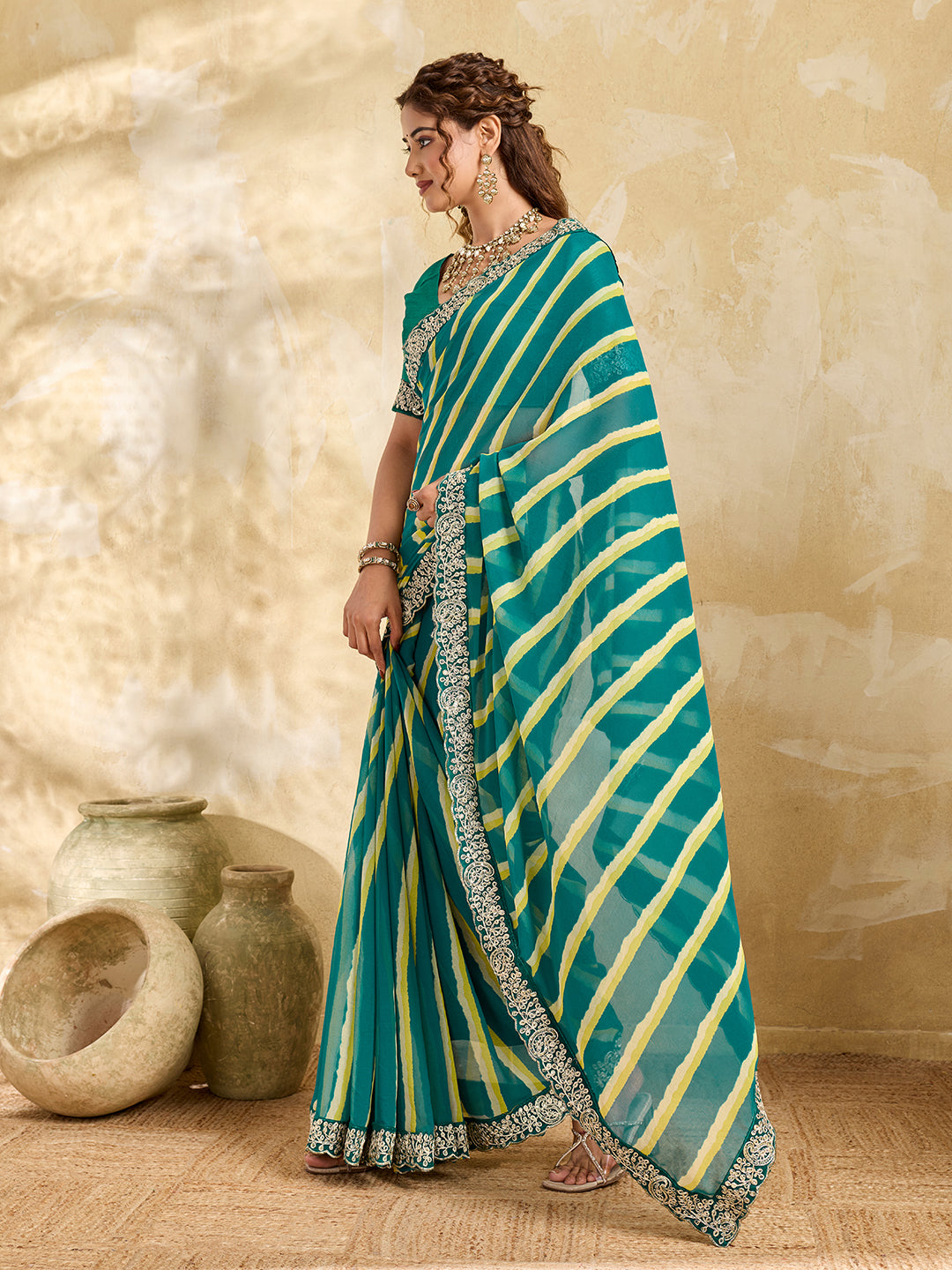 By New Beautiful Chiffon Leheriya Style With Embroidery Border Work Saree