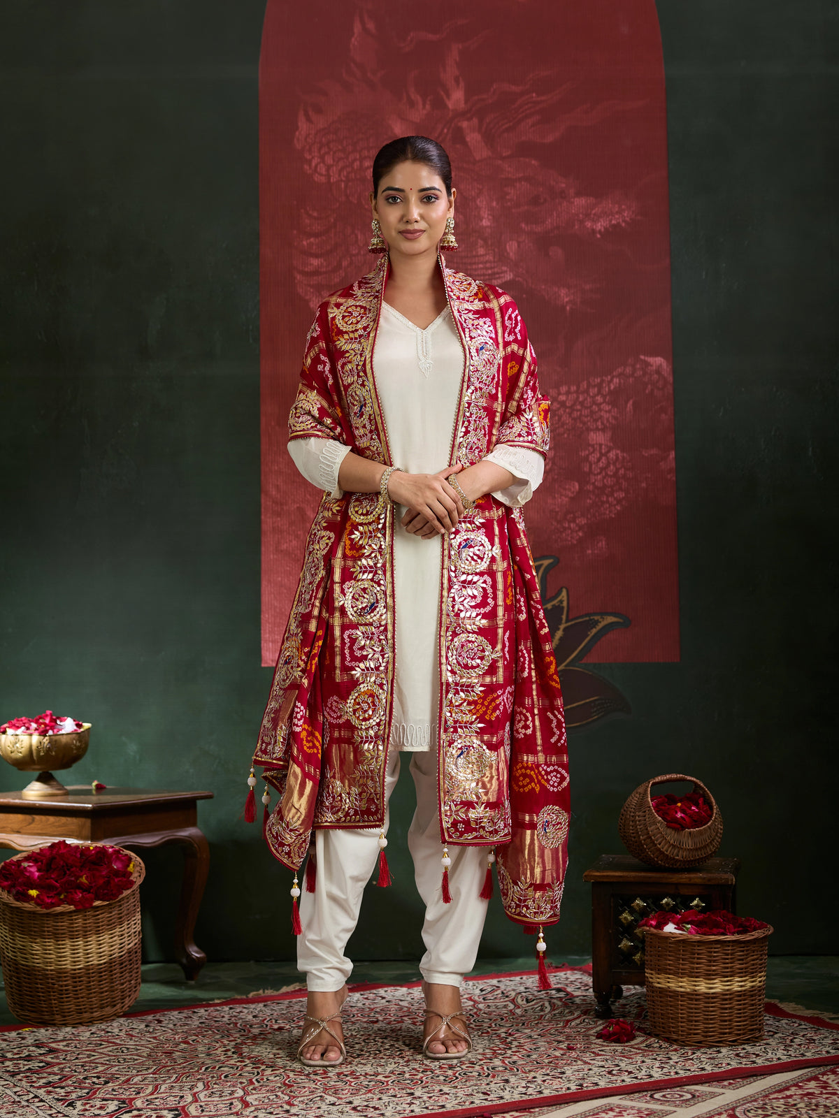 KcPc Designer Pure Gaji Silk Banarasi Bandhej Ghatchola Gotapatti Work DupattaAMT