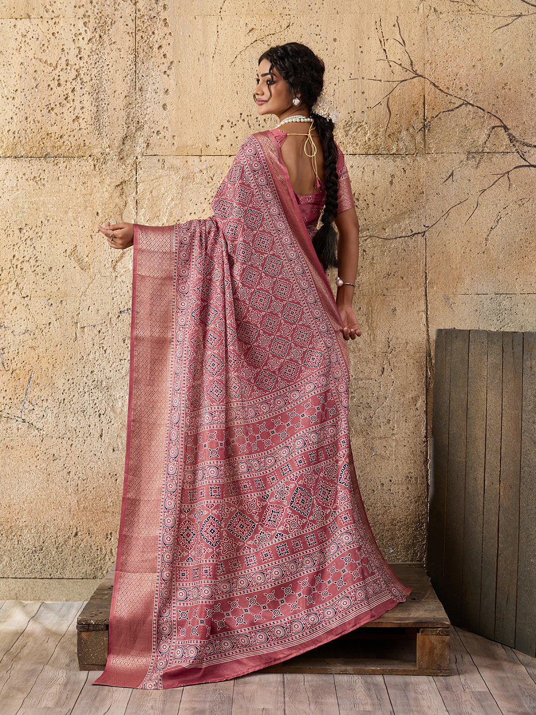 Buy peach and pink ajrakh style cotton silk saree