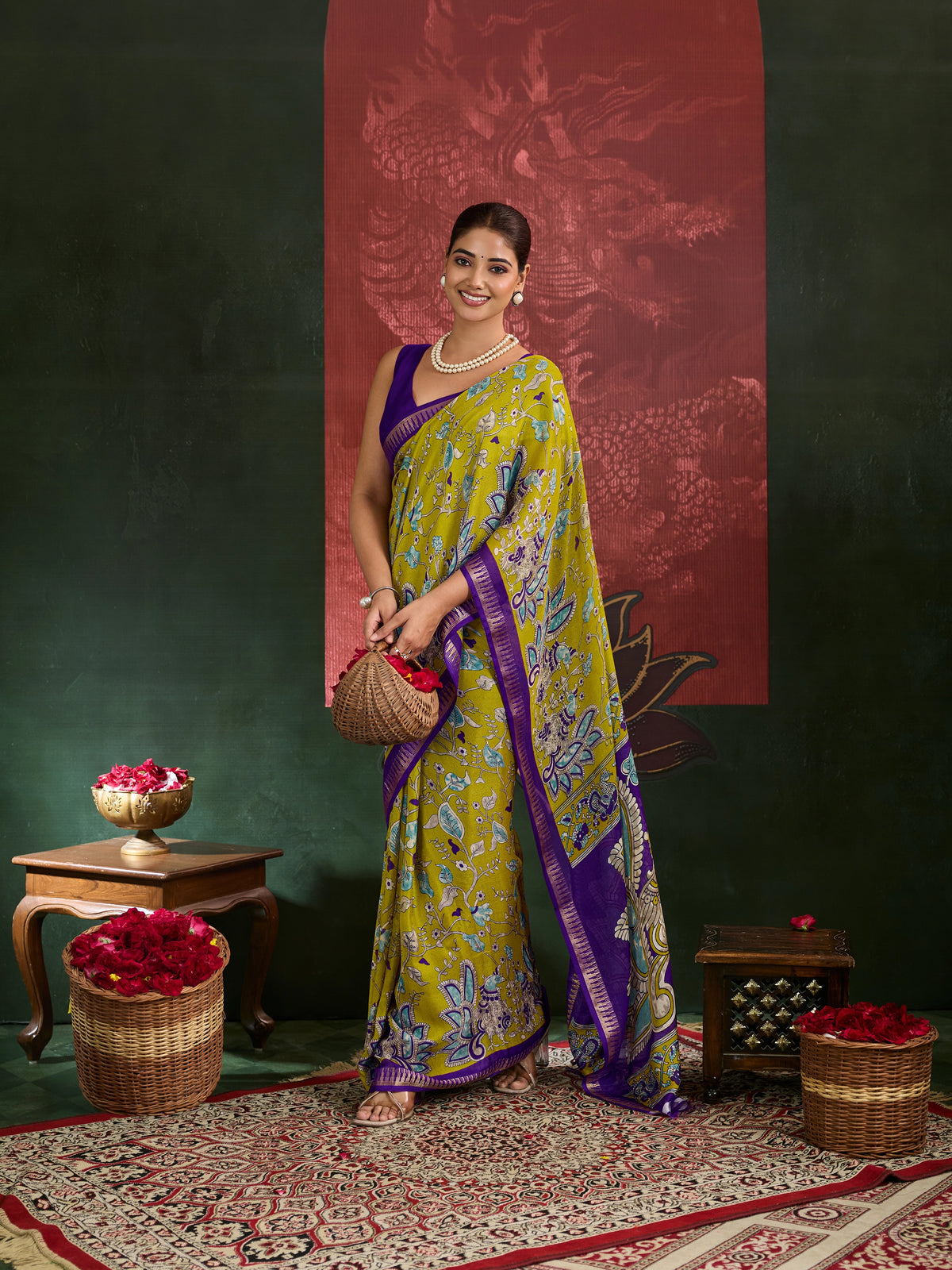 Kcpc Premium Georgette Kalamkari Saree with Zari Border ASH