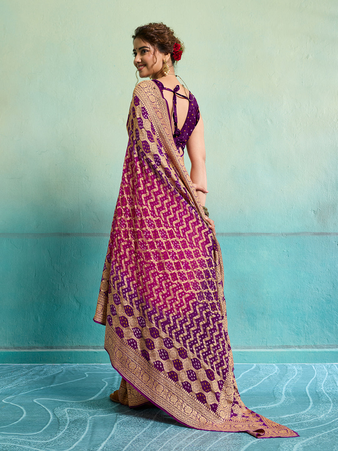 KcPc New Launch Pure Khaddi Georgette Upada Neemzari Bandhej SareePink Purple D1
