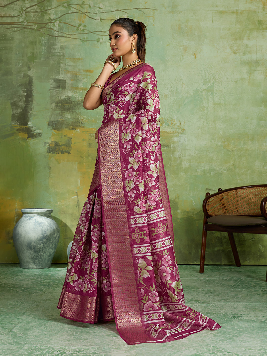 KcPc Premium Cotton Silk Printed Saree with Zari BorderSTL
