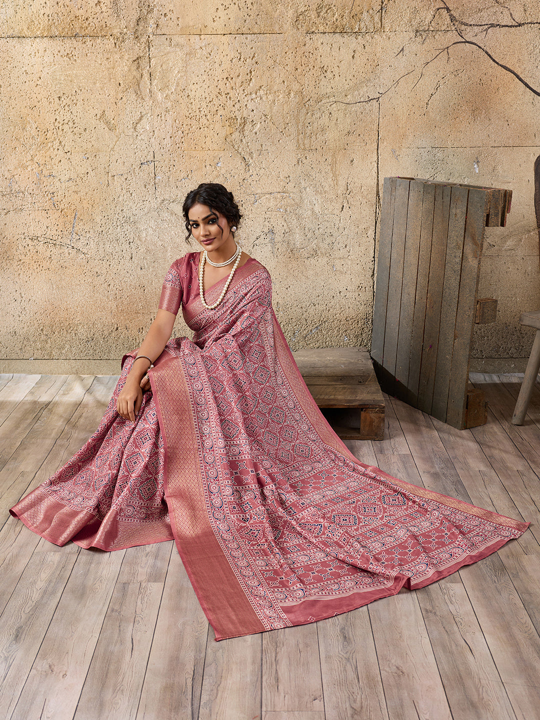 Buy peach and pink ajrakh style cotton silk saree