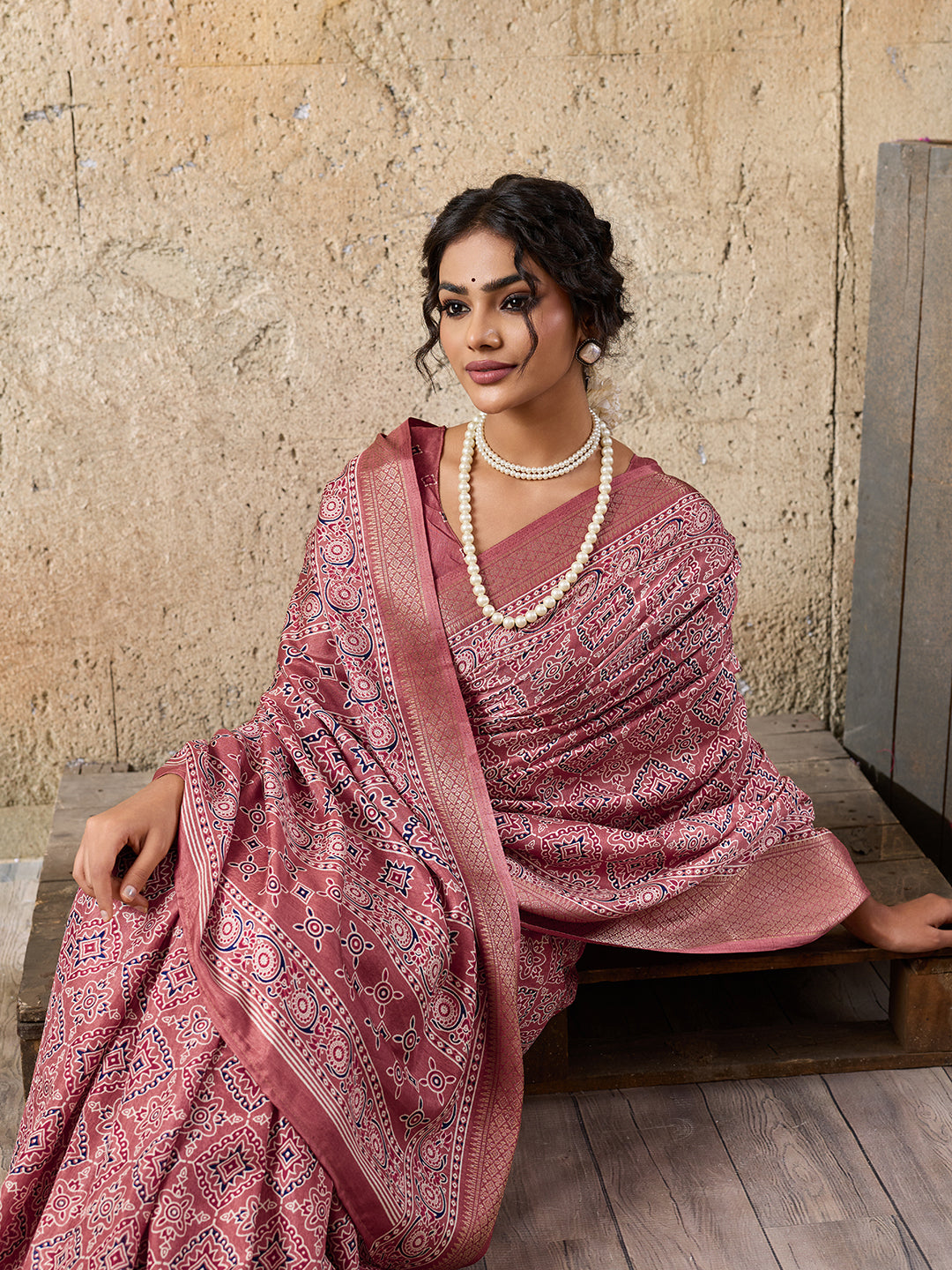 Buy peach and pink ajrakh style cotton silk saree