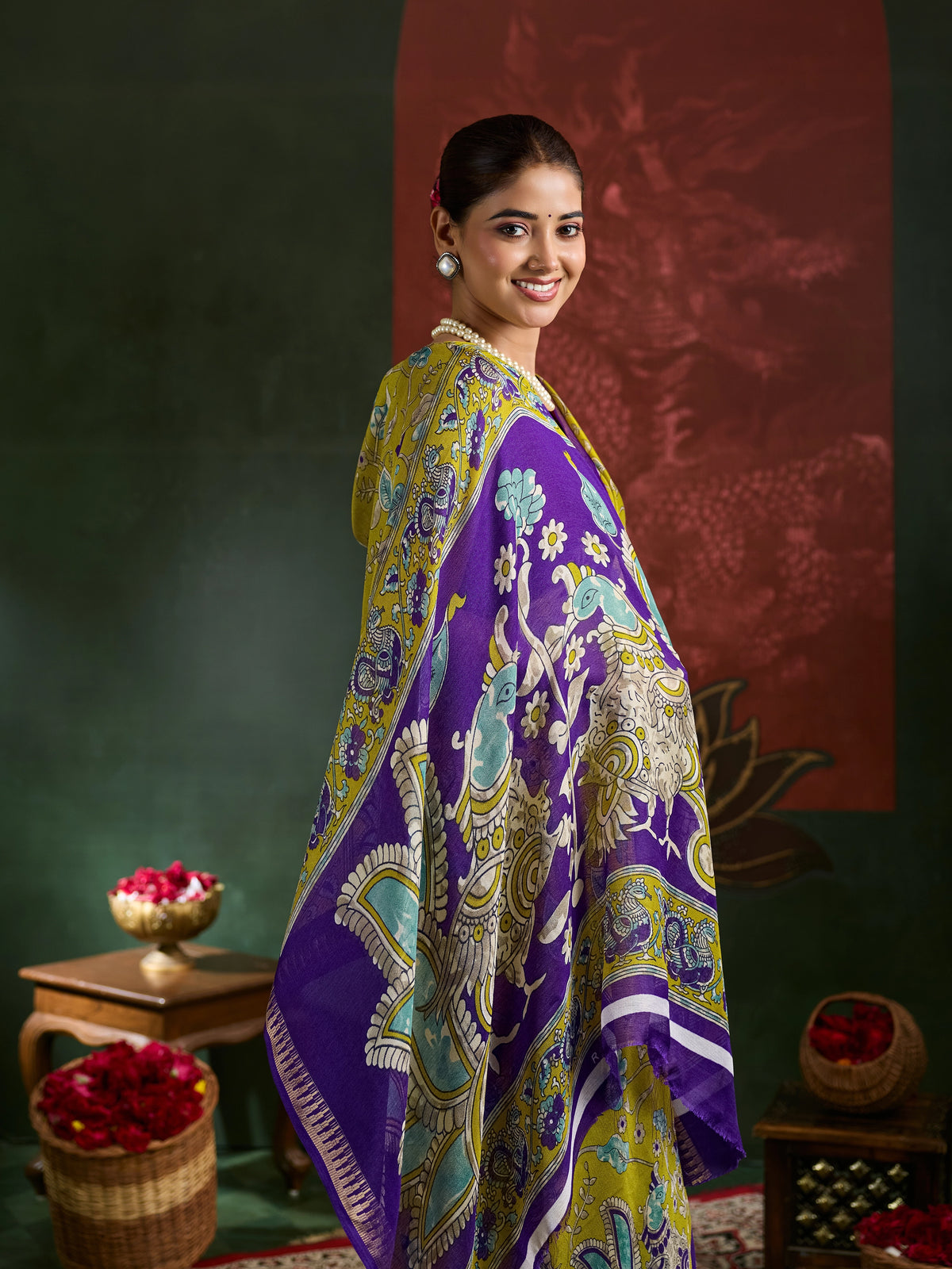 Kcpc Premium Georgette Kalamkari Saree with Zari Border ASH