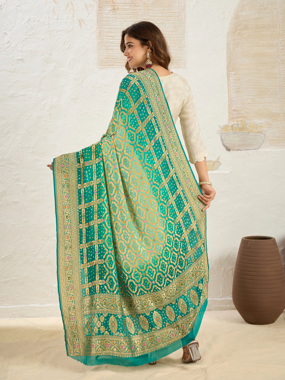 KcPc Pure Khaddi Georgette Meenakari Neemzari Bandhej Dupatta
