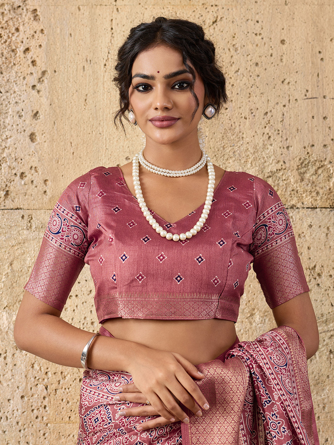 Buy peach and pink ajrakh style cotton silk saree