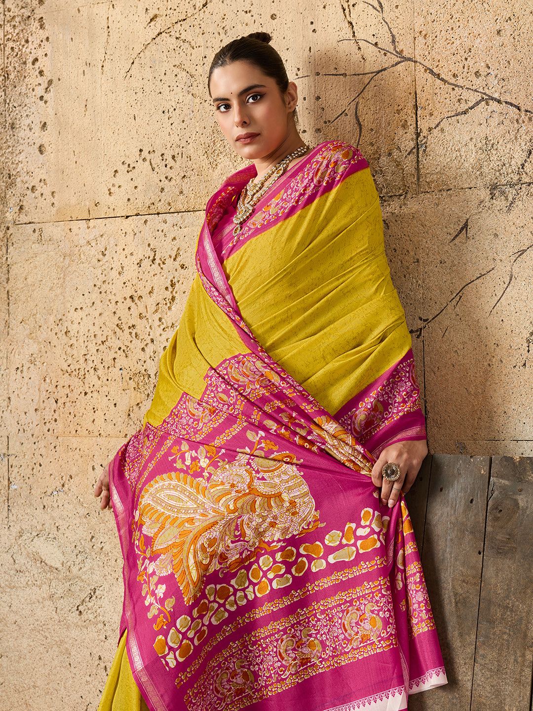 yellow and pink Silk Printed Style With Zari Border Work Saree
