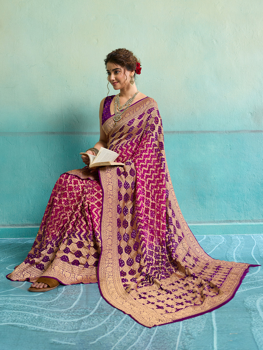 KcPc New Launch Pure Khaddi Georgette Upada Neemzari Bandhej SareePink Purple D1