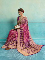 KcPc New Launch Pure Khaddi Georgette Upada Neemzari Bandhej SareePink Purple D1