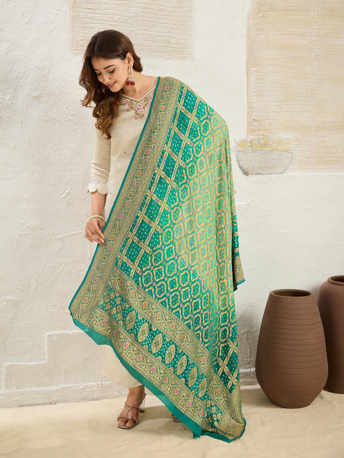 KcPc Pure Khaddi Georgette Meenakari Neemzari Bandhej Dupatta