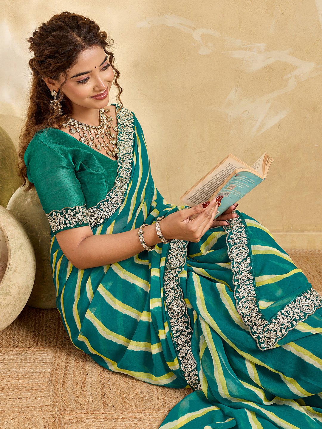 By New Beautiful Chiffon Leheriya Style With Embroidery Border Work Saree