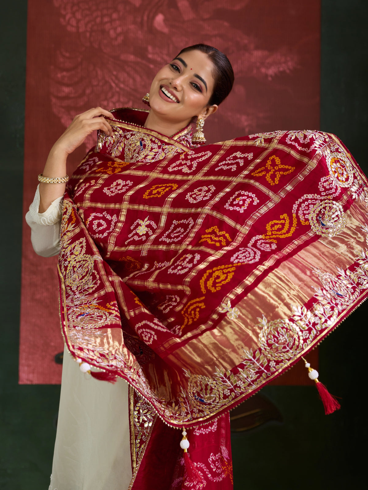 KcPc Designer Pure Gaji Silk Banarasi Bandhej Ghatchola Gotapatti Work DupattaAMT