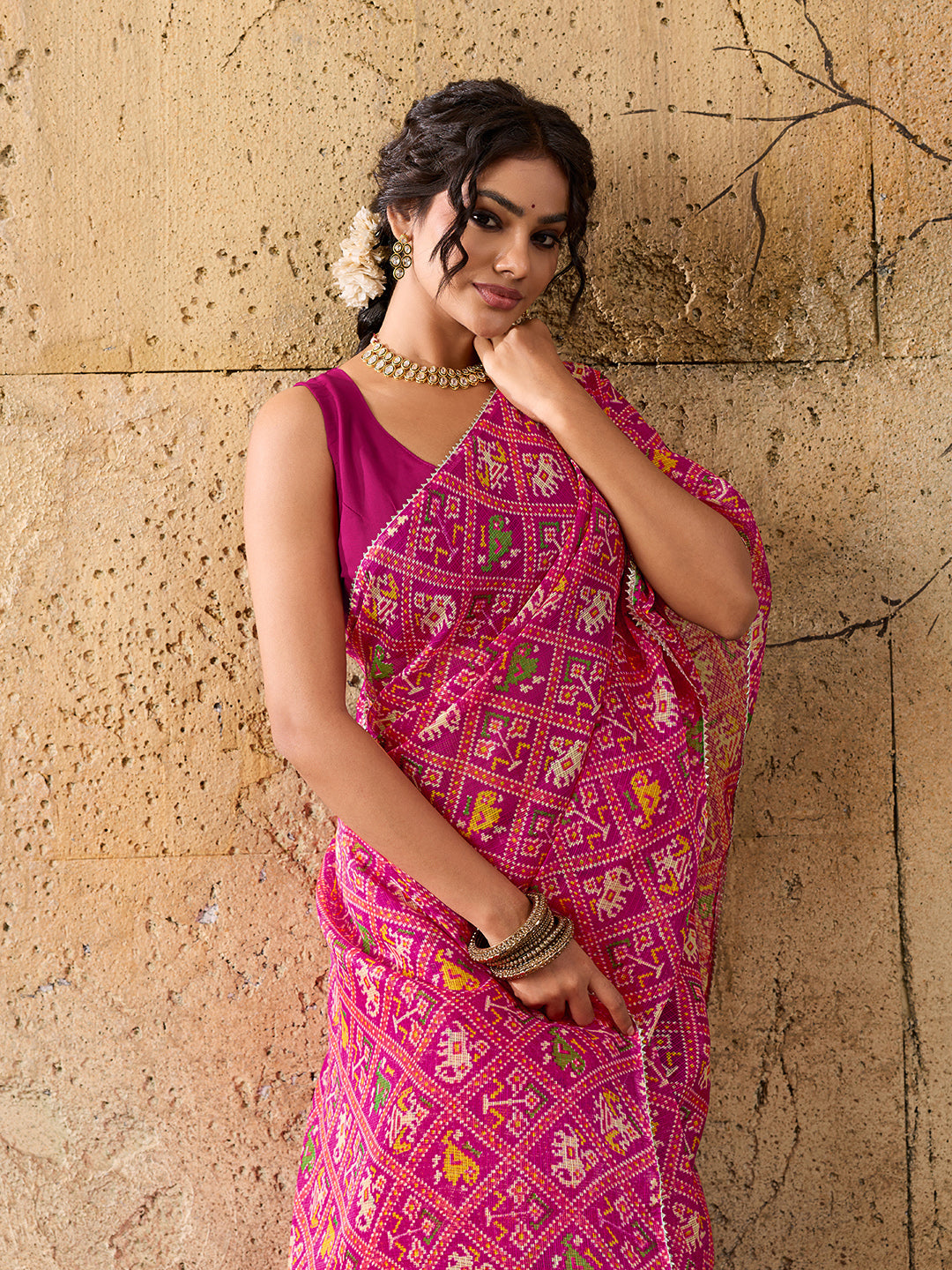 Kota Doria Saree in rani colour under 1000