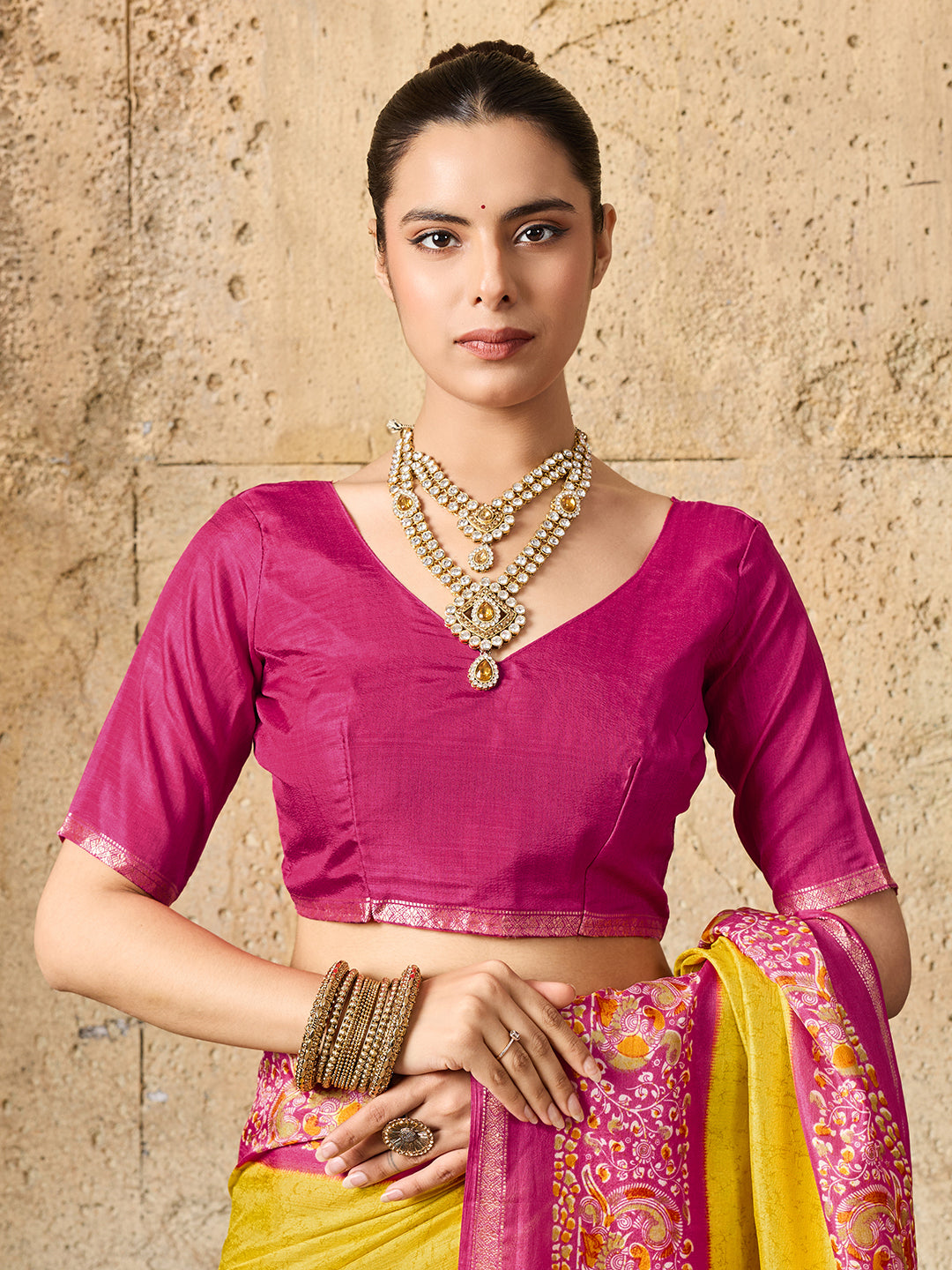 yellow and pink Silk Printed Style With Zari Border Work Saree