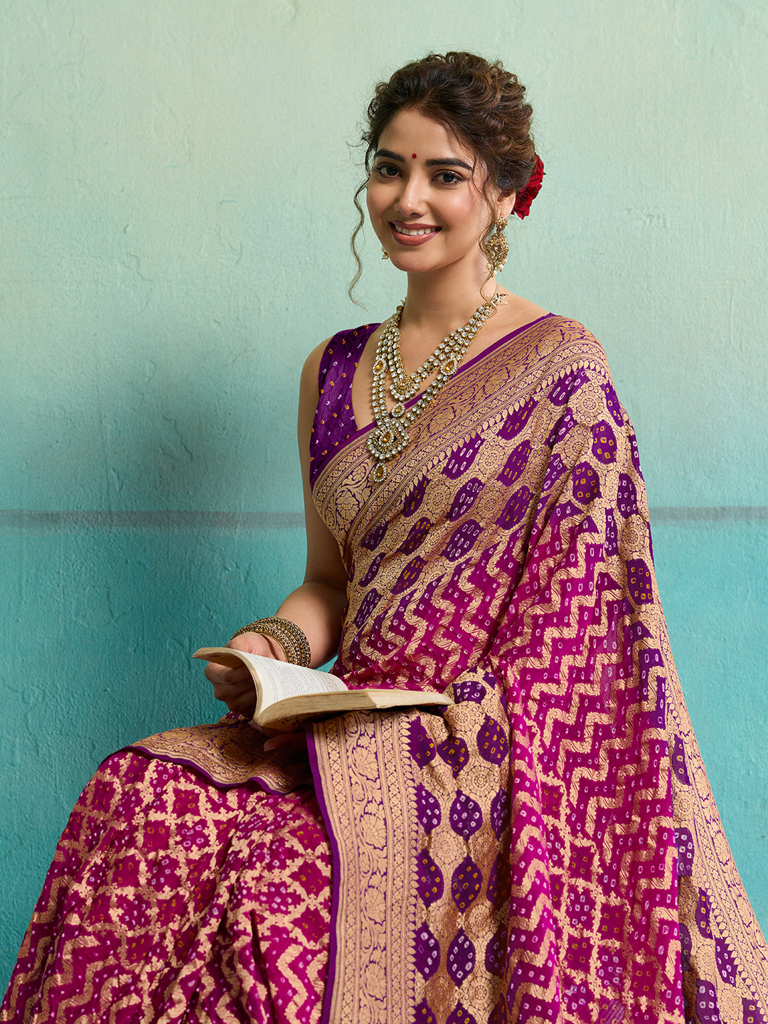 KcPc New Launch Pure Khaddi Georgette Upada Neemzari Bandhej SareePink Purple D1
