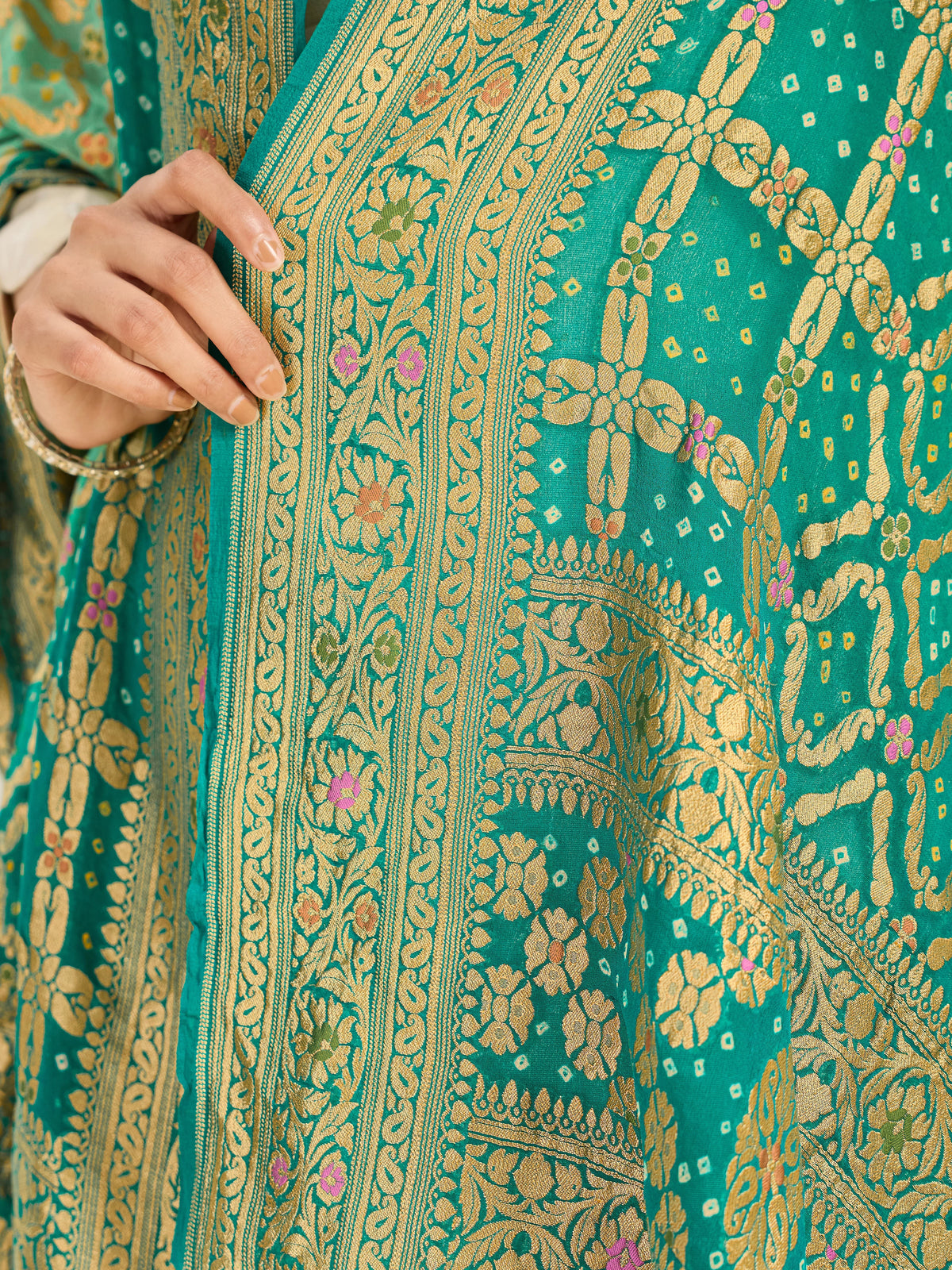 KcPc Pure Khaddi Georgette Meenakari Neemzari Bandhej Dupatta
