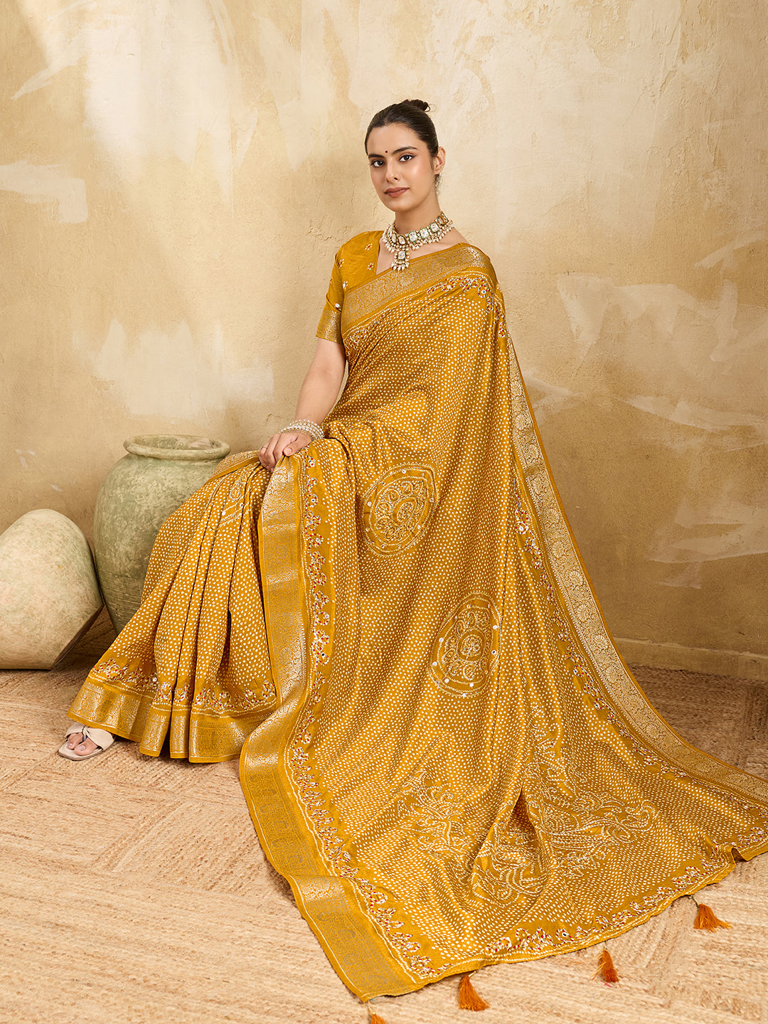 KcPc New Viscos Silk Bandhani Print Aari tari work Saree Green GAN