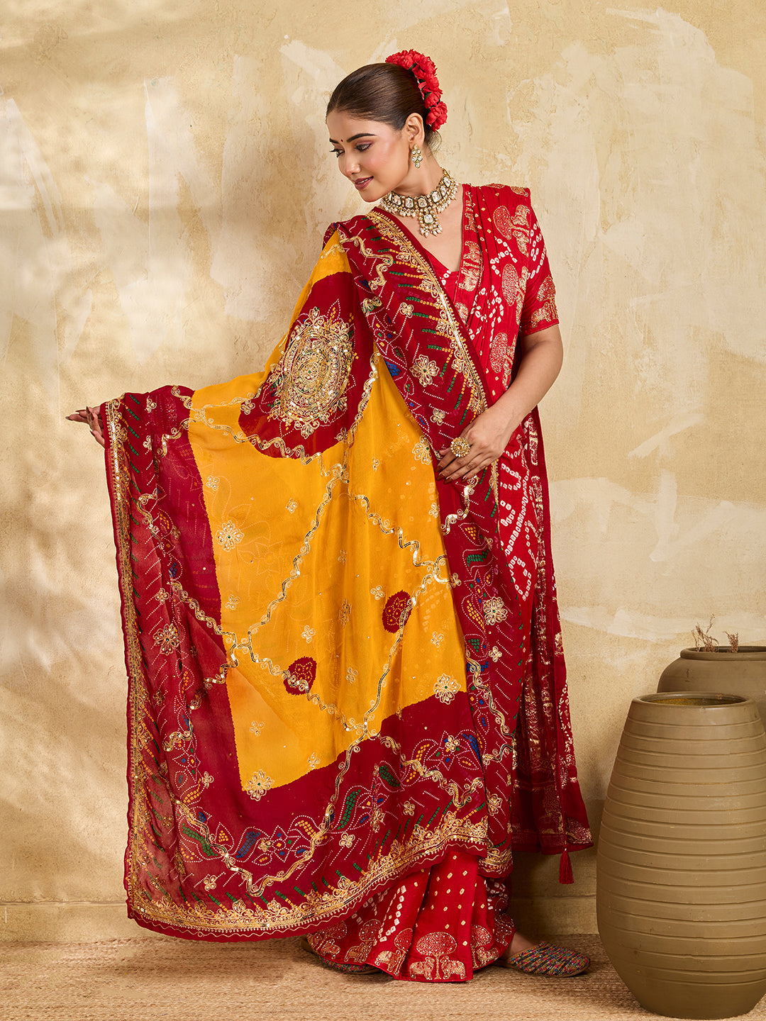 KcPc Pure Georgette Handmade Bandhej With Zari Thread Work Chunri (Pomcha)