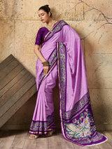 Silk Printed Style With Zari Border Work Saree in purple colour