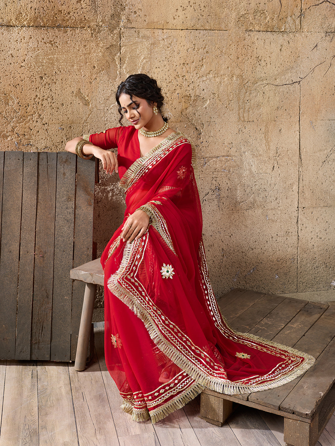 Buy Red saree with gold embroidery gatapati work in red colour