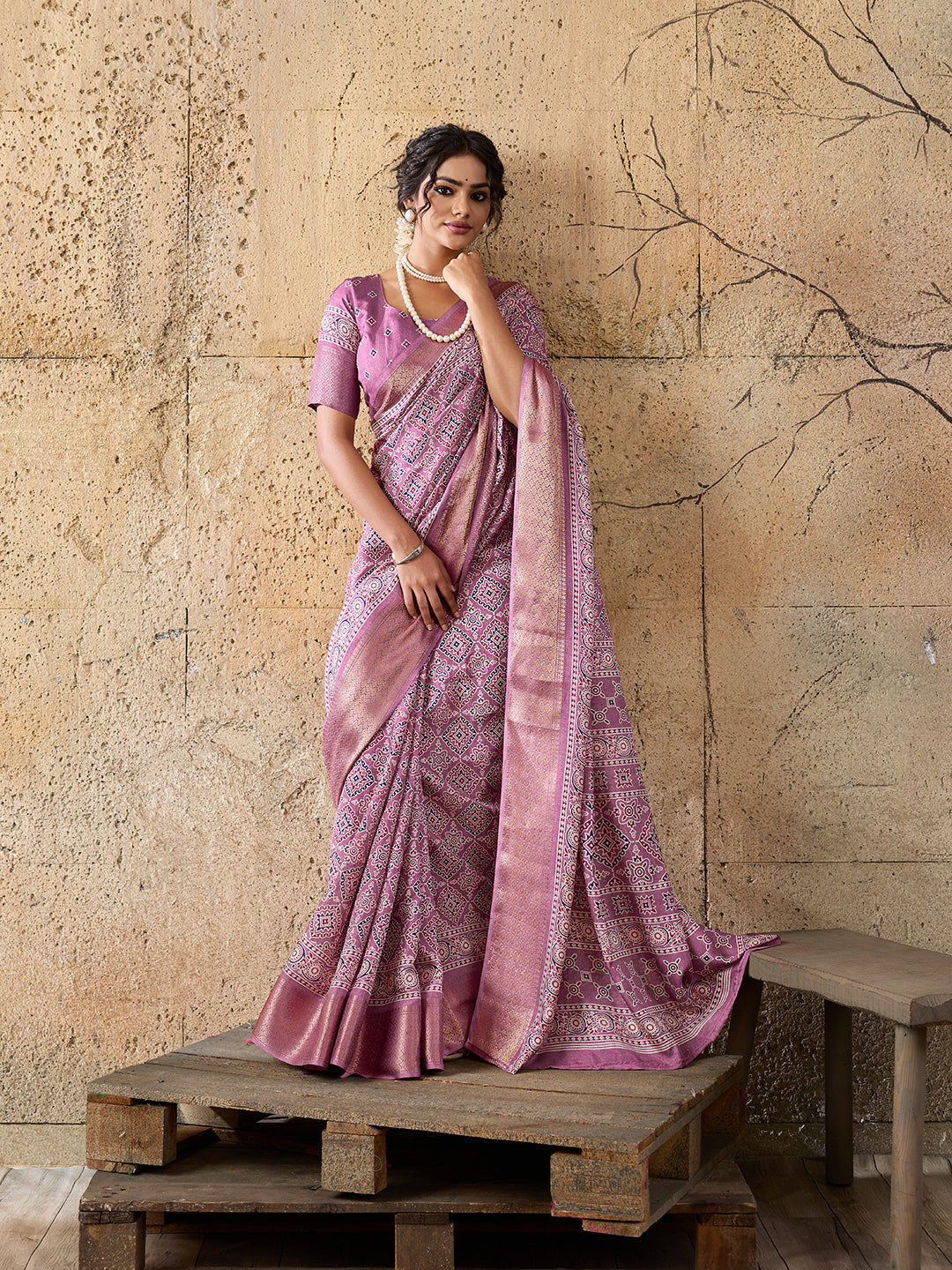 Cotton silk Ajrakh style Saree under 1000