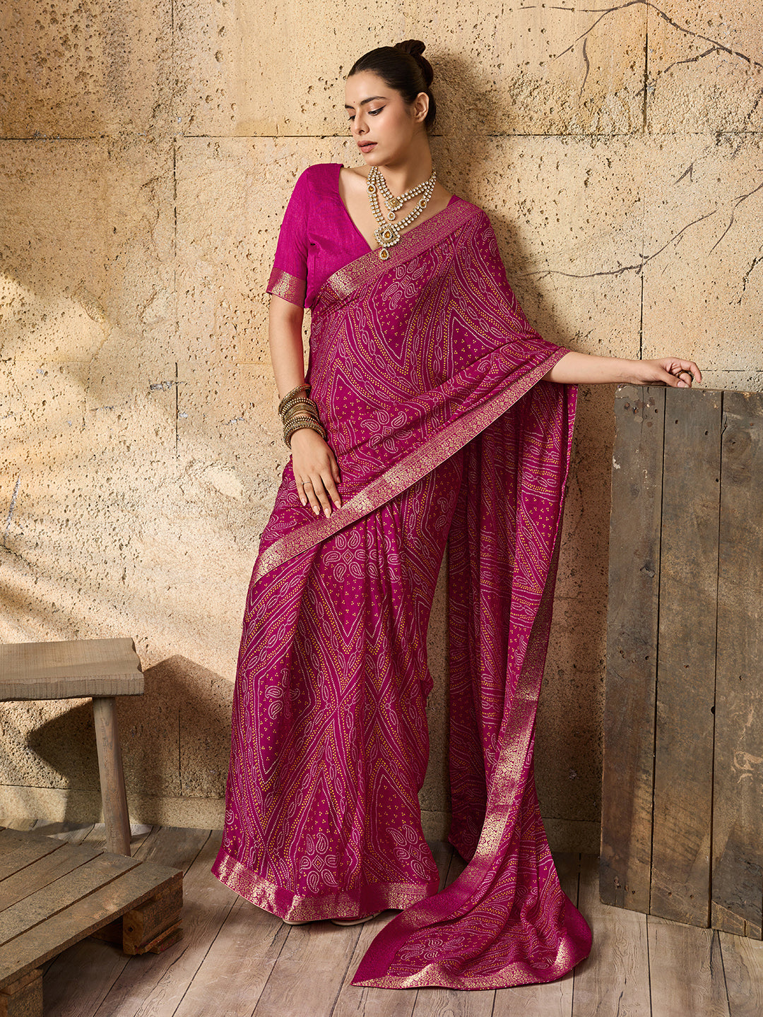 KcPc Beautiful Moss Chiffon Georgette Bandhani Sarees RaniKDM