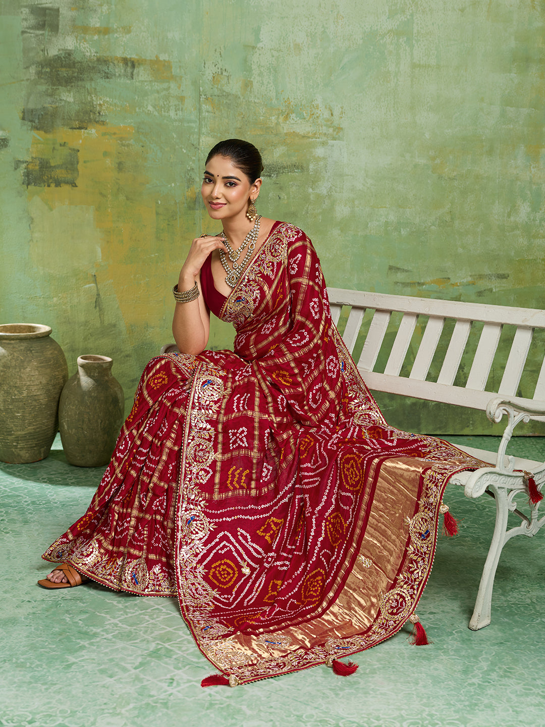 KcPc Pure Gaji Silk Bandhani Ghatchola Gotapatti Saree RedAMT