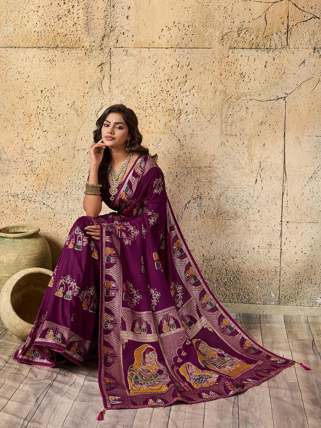 Silk Dimond Work Saree in wine colour for festival