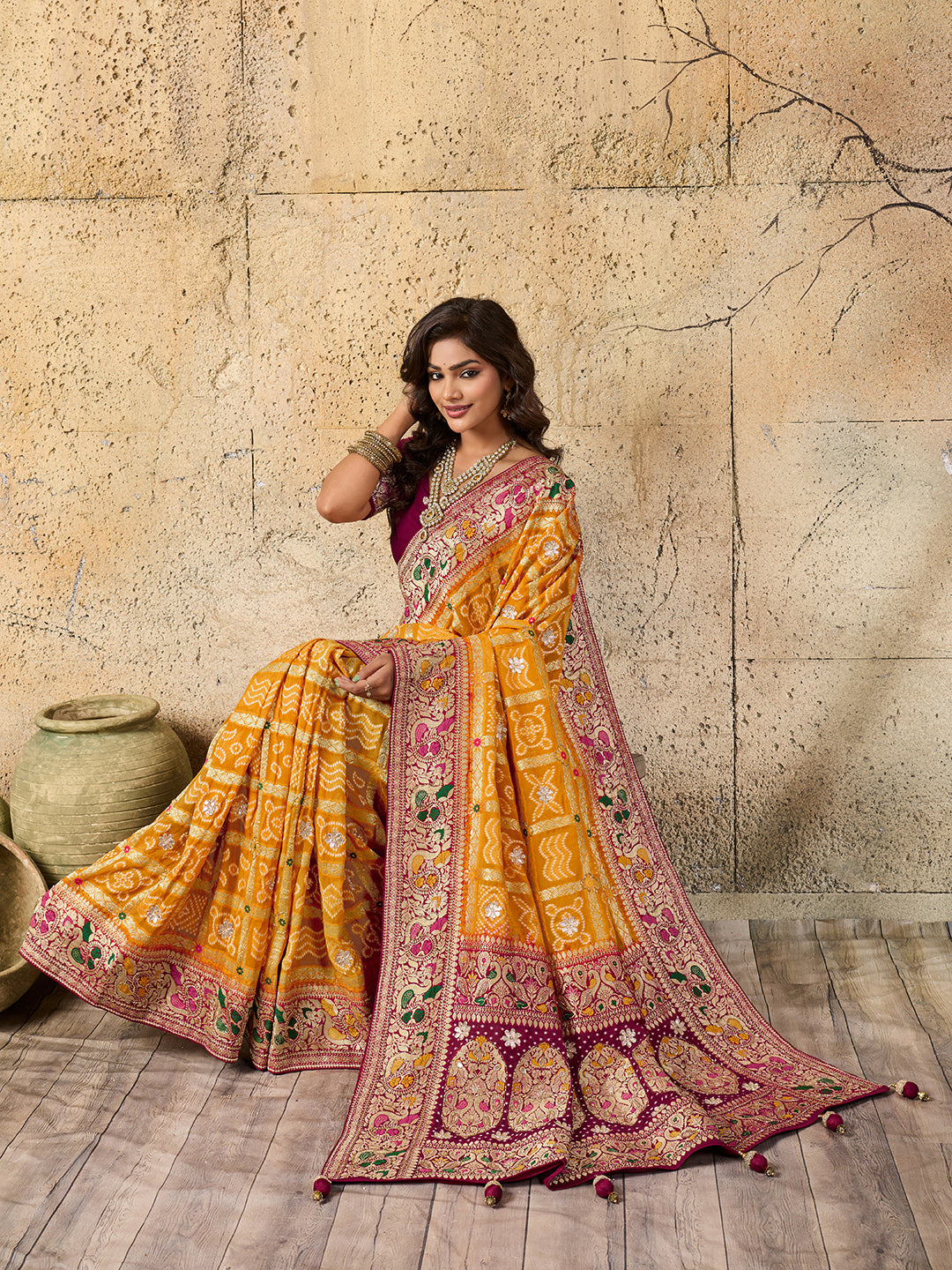 Georgette Gharchola Bandhej Cutdana Gotapatti Work Saree
