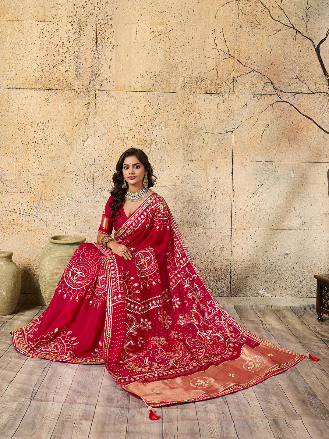 KcPc Royal Bandhani with Kachha Gota Patti Glow Modal Silk SareeAMT