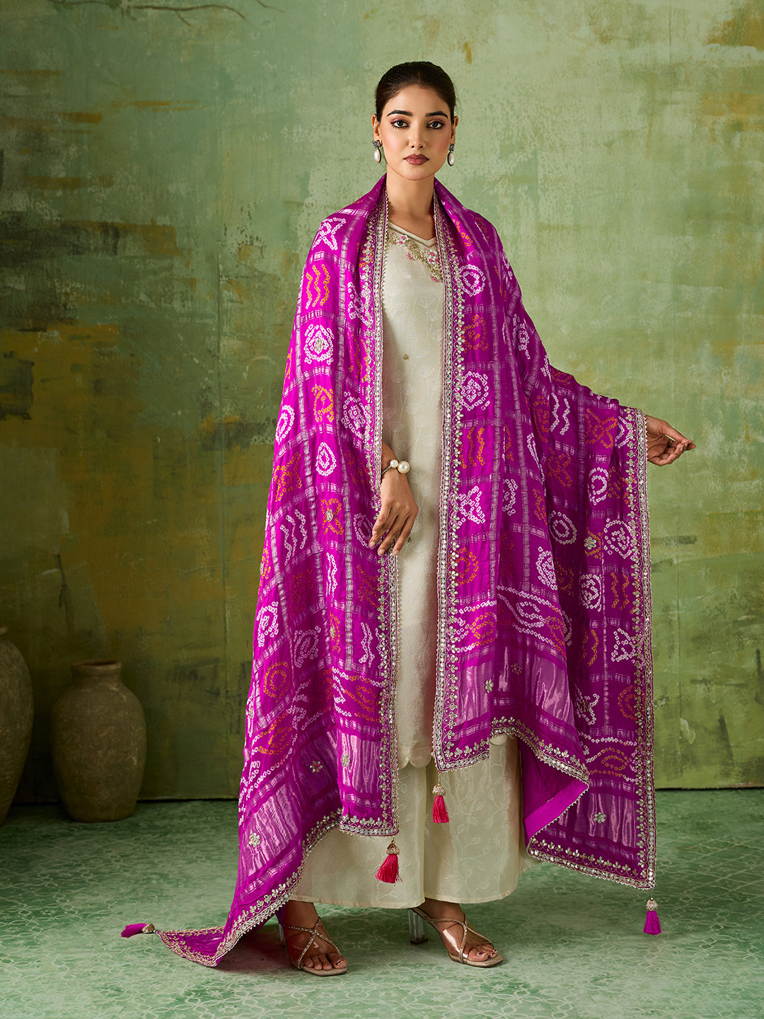 KcPc New Traditional Bandhani Style Gaji Silk Dupatta with Gota Patti WorkAMT