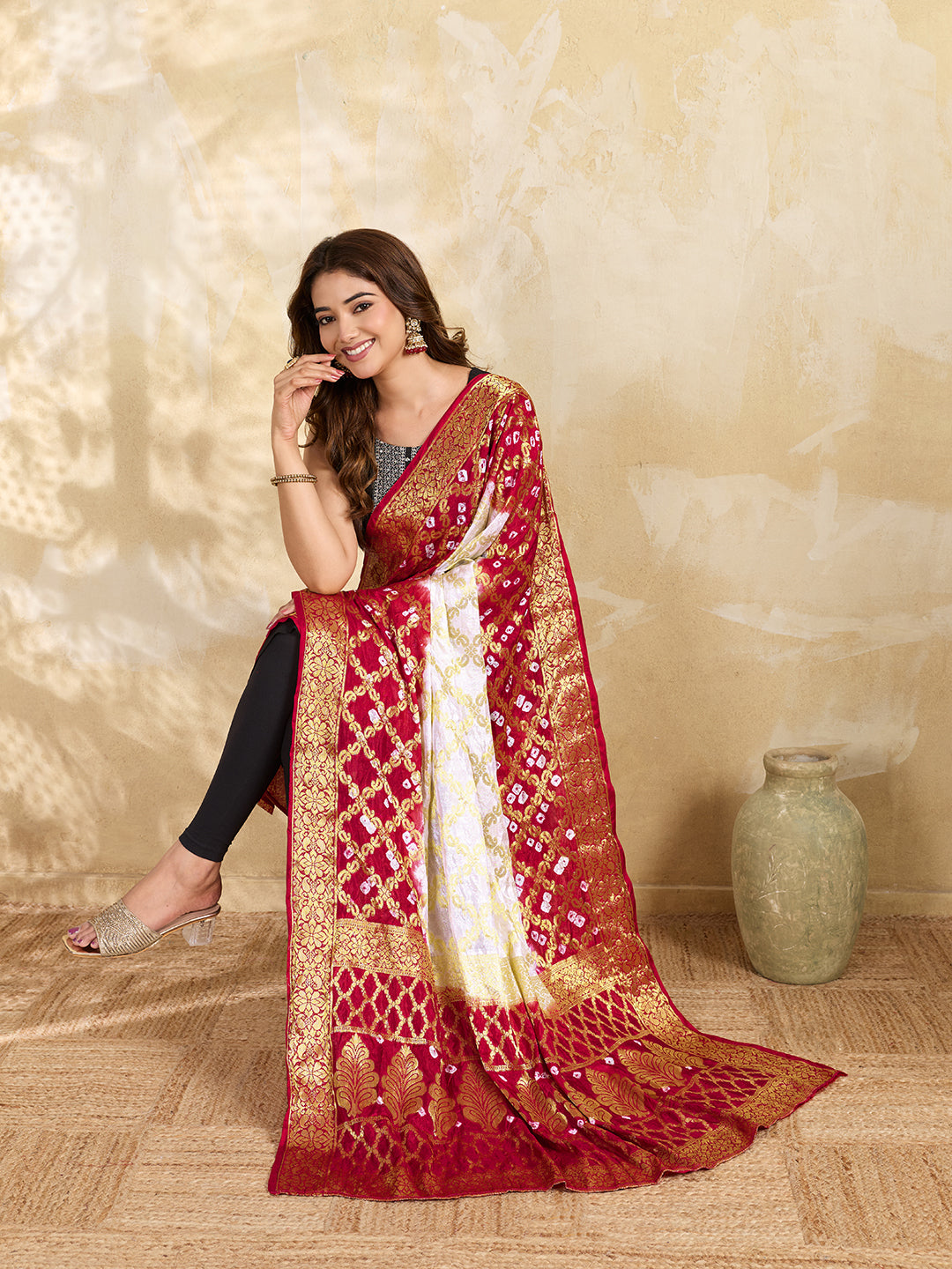 KcPc Special Silk Bandhani Dupatta with Handmade Work White RedSA