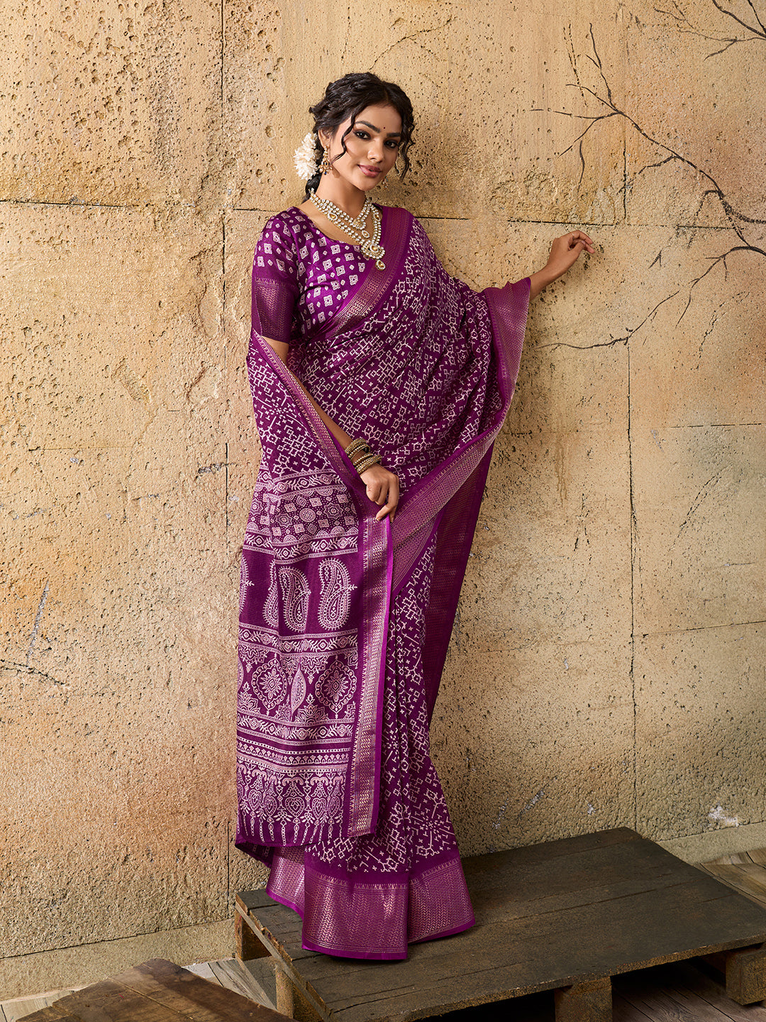 KcPc New Launched Cotton silk Ajrakh style With Ajrakh HandPrint Work Saree STL
