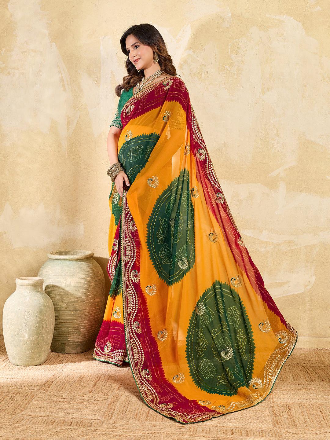 Buy Bandhani Saree With Embroidery Work
