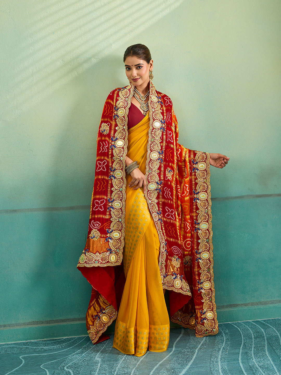 KcPc Traditional Gaji Silk Bandhani Pila Chunri with Zardosi Work With Silver Coins MNL