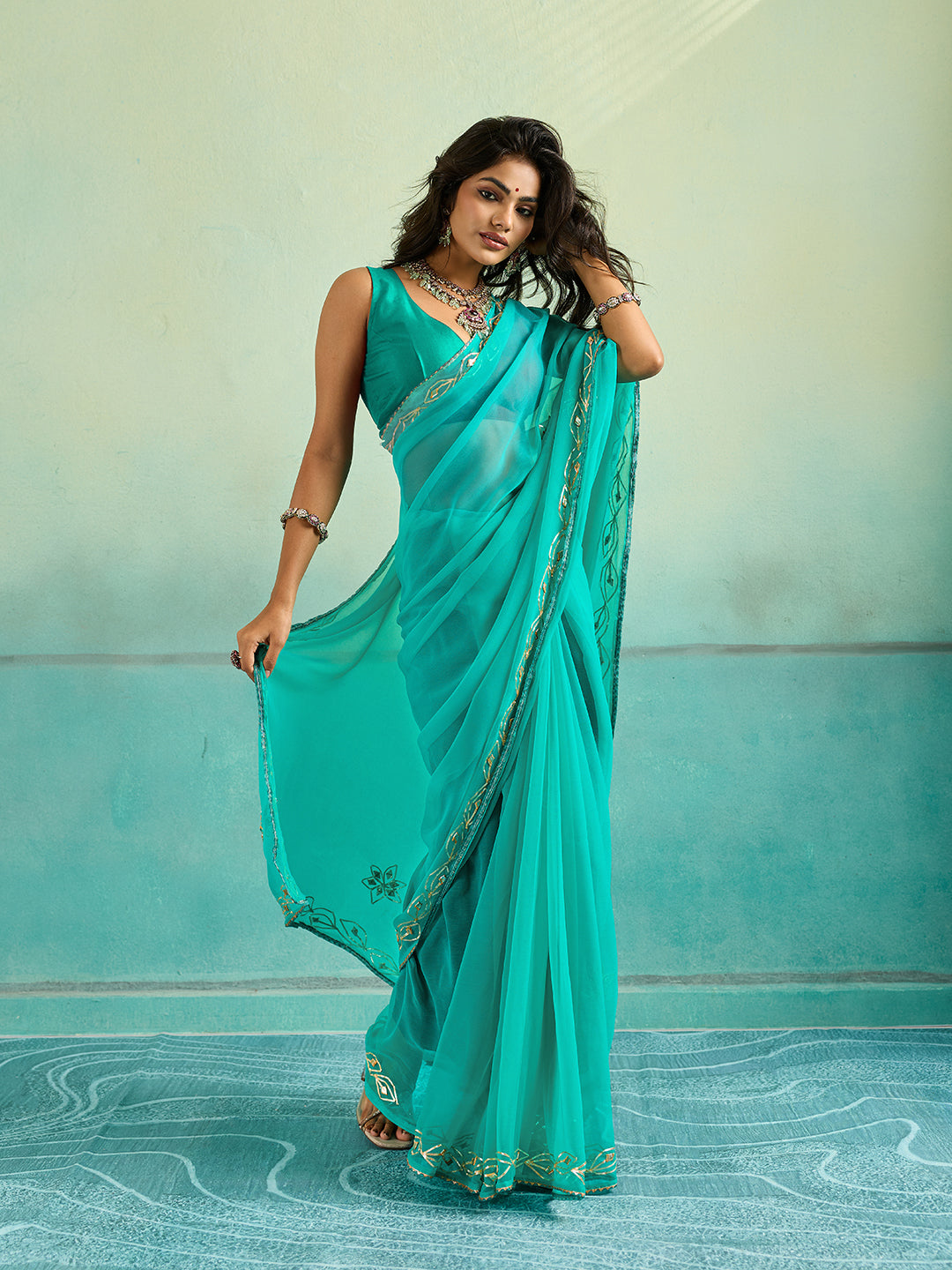 KcPc Latest Chiffon Bollywood Style Gotapatti Work Saree MHS