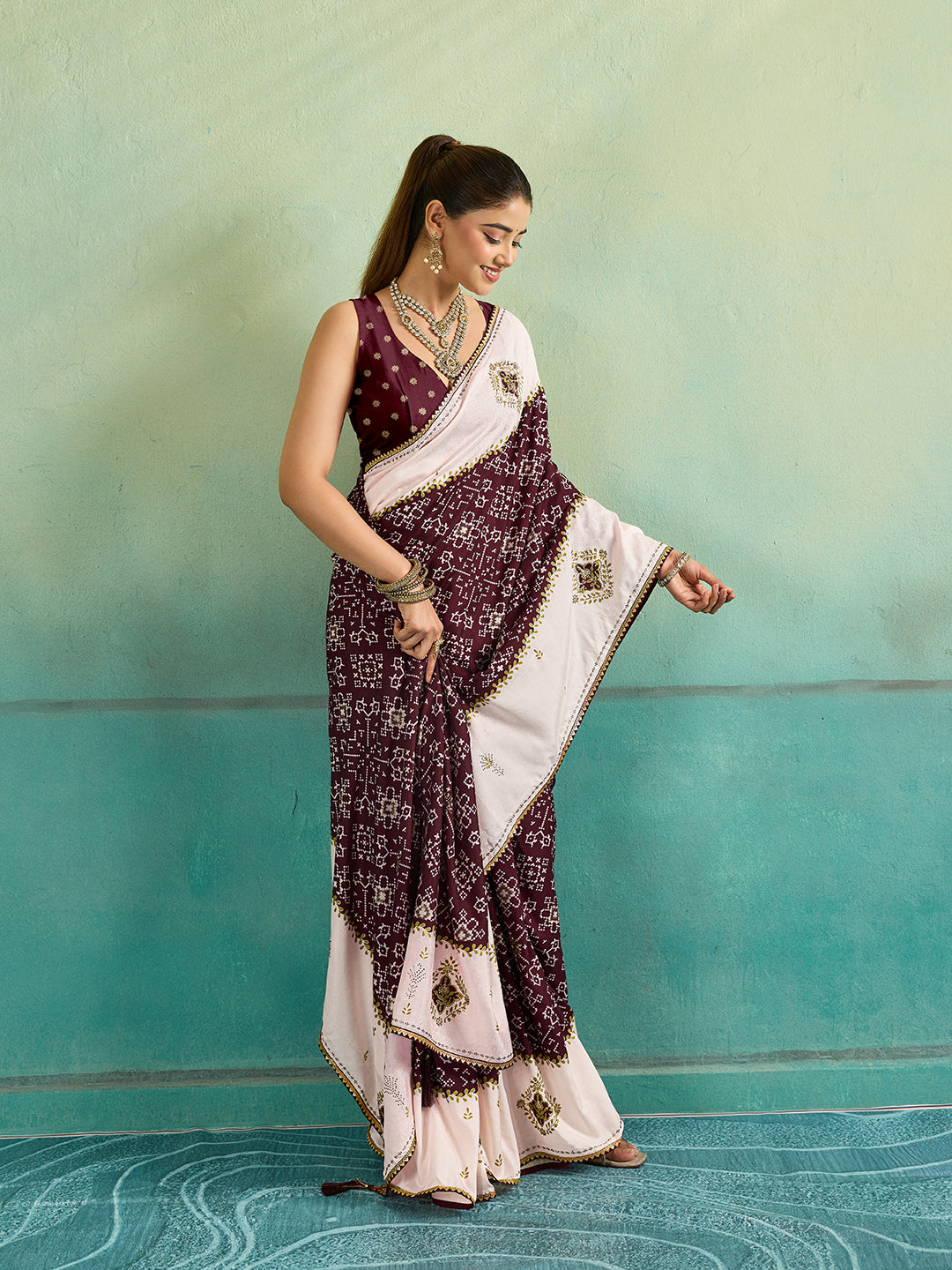 KcPc New Latest Creap Silk Ajrakh Style With Stone Work Saree STR
